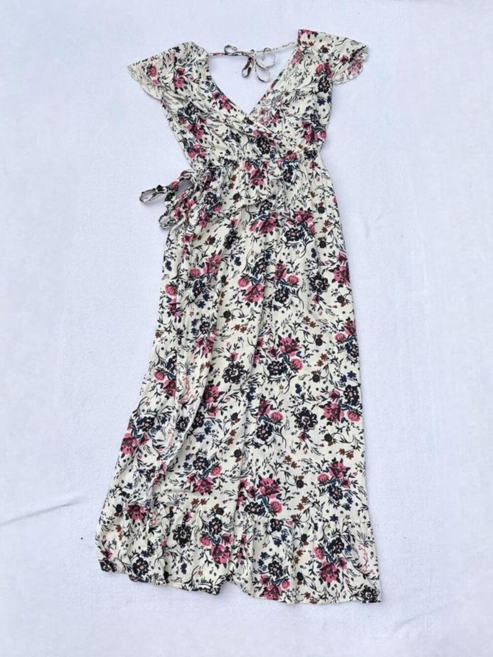 BOG Collective White Floral Faux Wrap Maxi Dress Sz XS Spring Summer Cottage